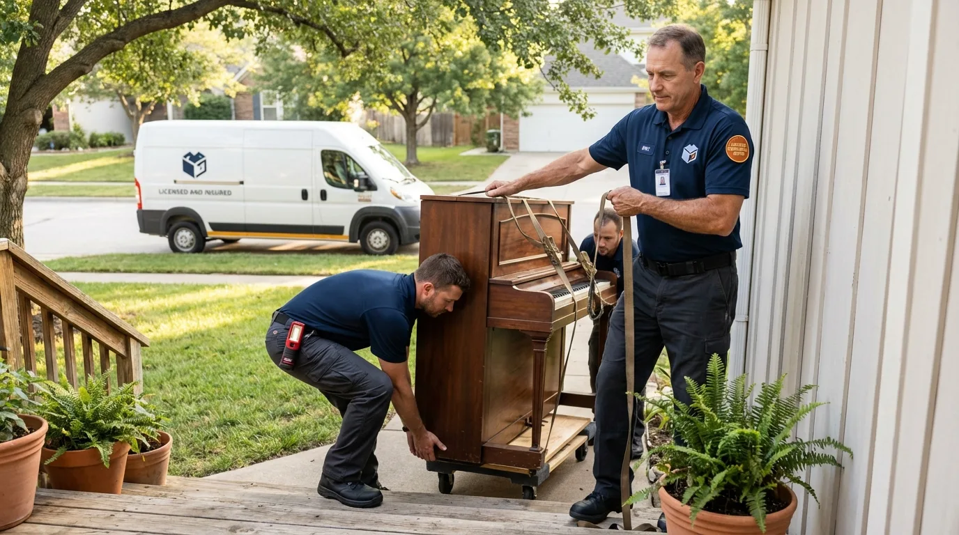 Licensed piano movers securing grand piano in Warrenton, NC