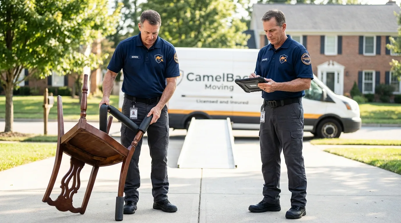 Movers inspecting furniture for damage prevention before loading in Warrenton, NC
