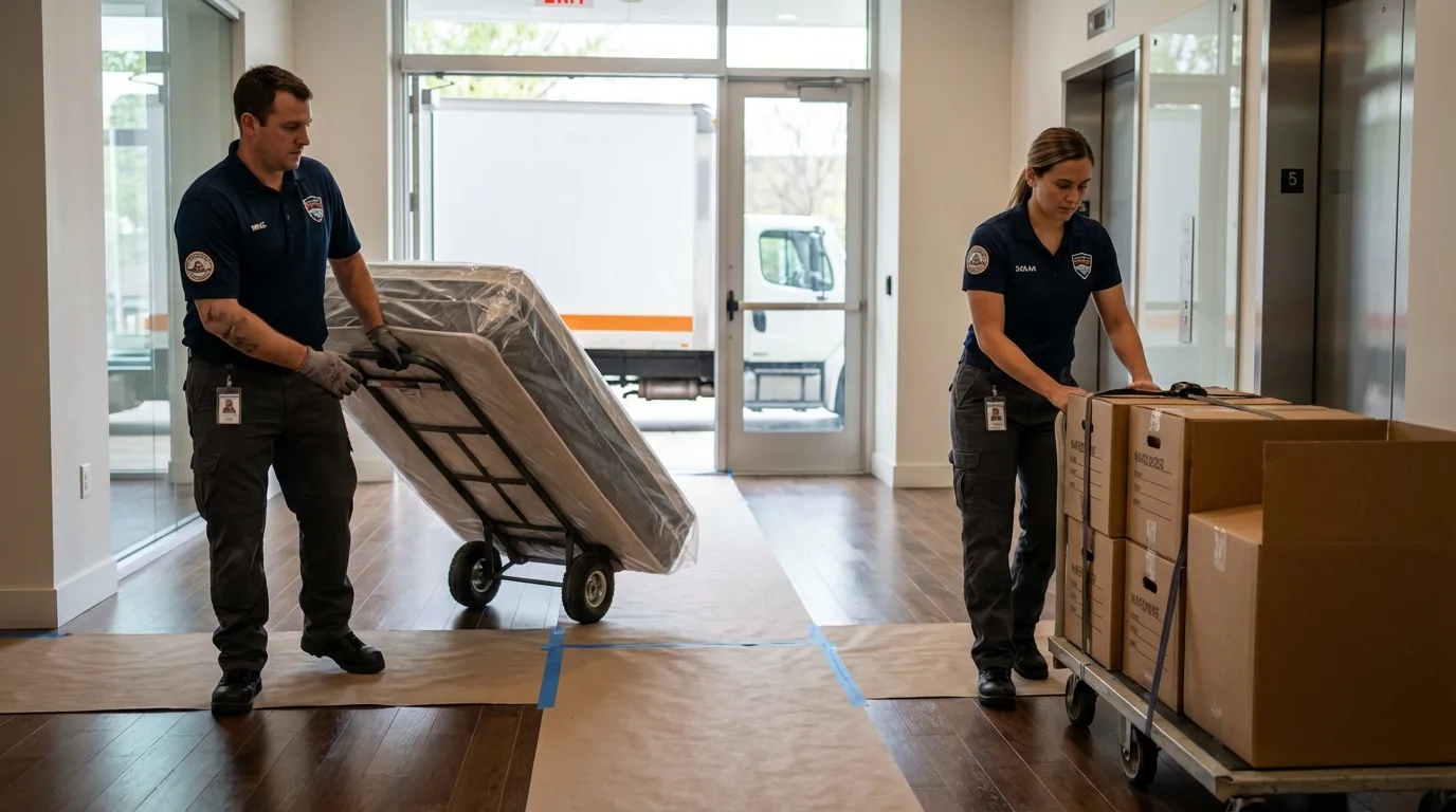 Professional apartment movers loading elevator in Warrenton, NC