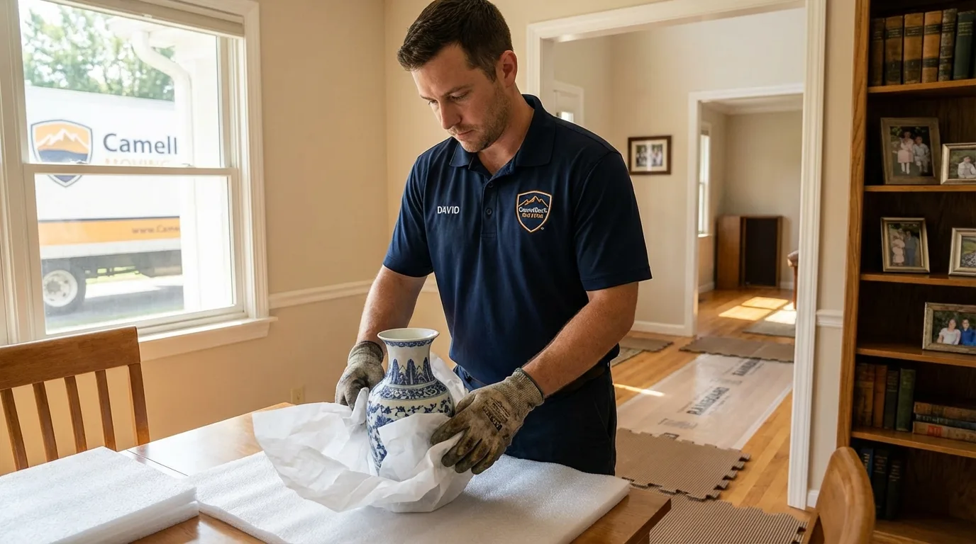 Professional crew carefully wrapping antique vase for senior downsizing move in Warrenton, NC